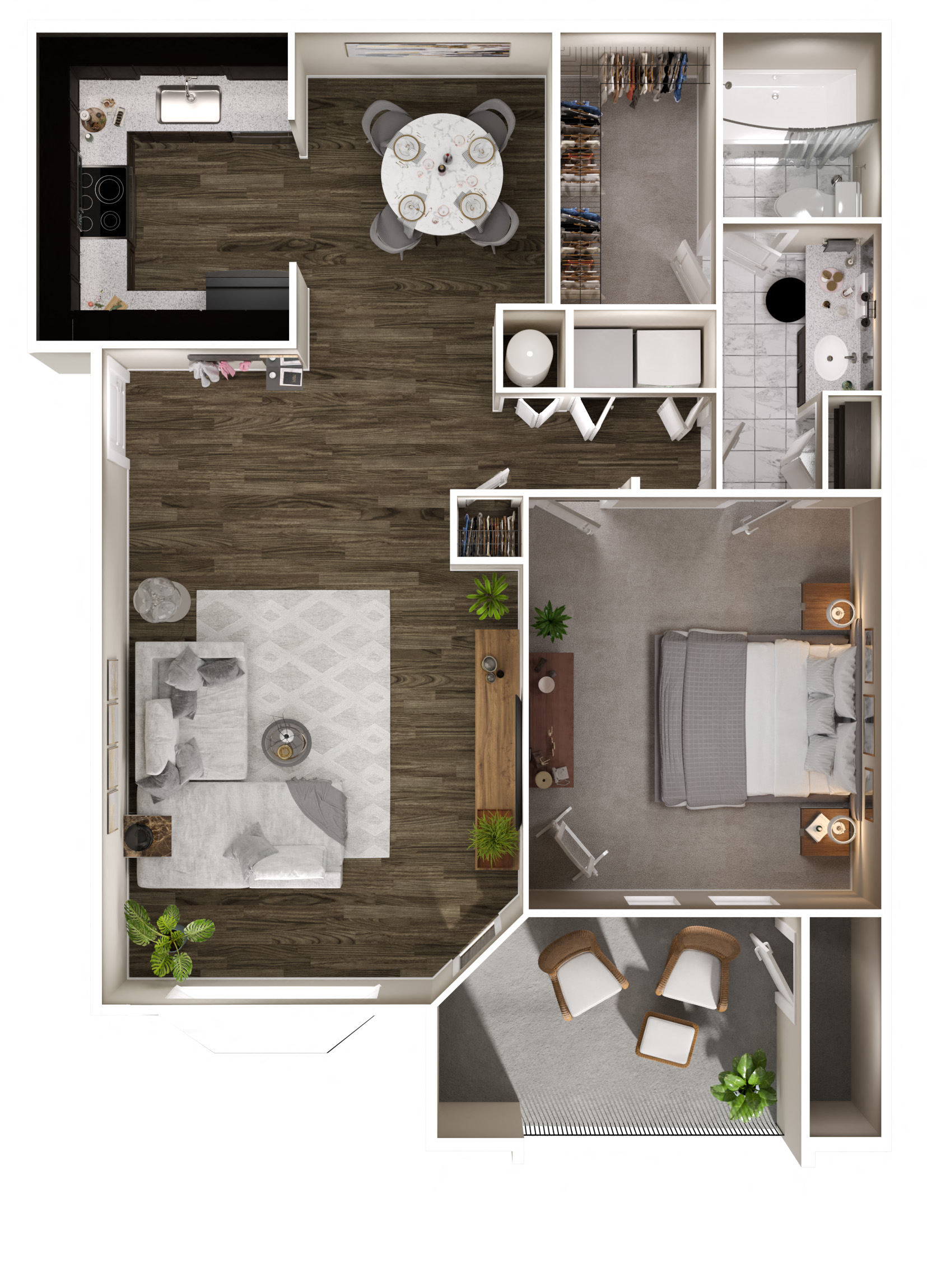 Floor plan for 1 bed, 1 bath, 805 sqft